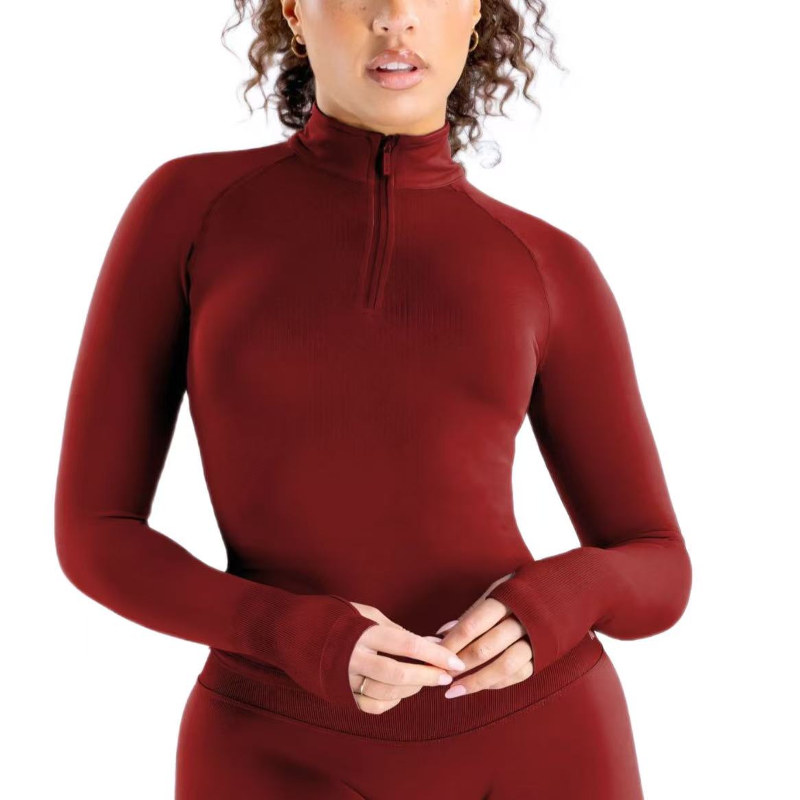 Women's Breathable Quick Dry Nylon Spandex Long Sleeve Coat Tight Half-Zipper Seamless Gym Fitness Sports Yoga Top