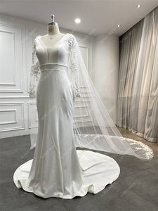 Robe de mariée chic décolleté plongeant manches longues crêpe robes de mariée sirène <span class=keywords><strong>avec</strong></span> cape <span class=keywords><strong>amovible</strong></span> - Product Image 3