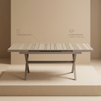 Table de salle à manger télescopique d'extérieur en aluminium et bois composite, extensible, pour la vente en gros et la distribution, directement de l'usine