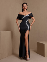 Ocstrade Vente en gros Nouvelle Robe longue moulante noire à fente haute, ornée de strass, Robe de soirée bustier pour femme, Robes décontractées en gros