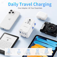 Adaptateur de voyage compact PD 10W Mini Slim, prise universelle GaN pour le Royaume-Uni, les États-Unis, l'UE, l'Australie, pour les voyages quotidiens, les écouteurs, les téléphones mobiles