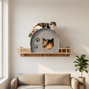 İç Mekan Kedileri İçin Keçe Yuvalı Yataklı, Duvara Monte Edilen Sağlam Ahşap Kedi Rafı - Product Image 1