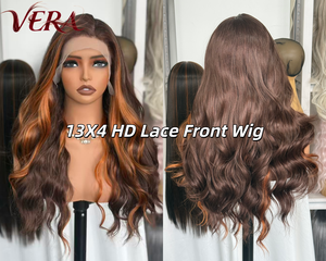 Parrucca Sintetica Premium Futura Fiber HD13*3 con Pizzo, Lunga, Ondulata, Colore Arancione Misto Marrone, Effetto Opaco, Resistente al Calore, per Donne - Fornitore di Tendenza - Product Image 1