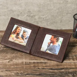 Moldura de couro genuíno vintage, estrutura dobrável com abertura de duas imagens para família e tablet