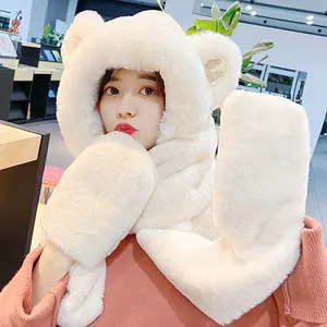 A3005 Cartoon Cute Adult Plush Womens Ring Cycling Scarves Hat Girls Long Gloves Set Winter Animal Ears Hood Scarf Hat With Paws
