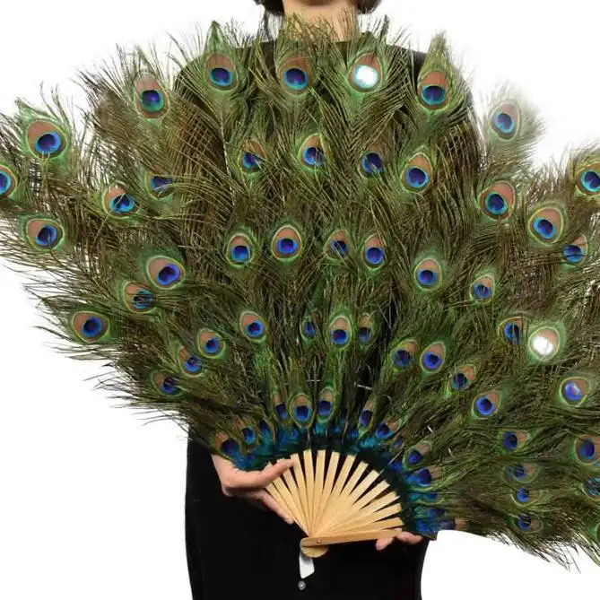 Fabricante más barato grandes plumas chinas grandes quemadas largas abanicos de novia abanico de mano abanicos de plumas de pavo real para decoración de Navidad