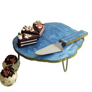 Handmade Irregular Resin Eco-Friendly Non-Stick Round Cake Platter with Gold Edge and Blue Marbled Surface for Serving - Product Image 1