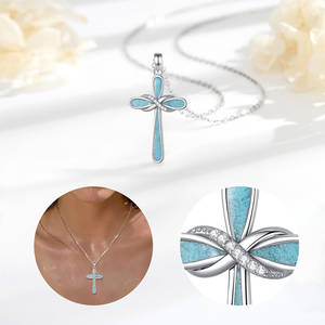 Merryshine cristiano regalo croce collane schiacciate turchese S925 argento Sterling guardiano gioielli religiosi per le donne - Product Image 3