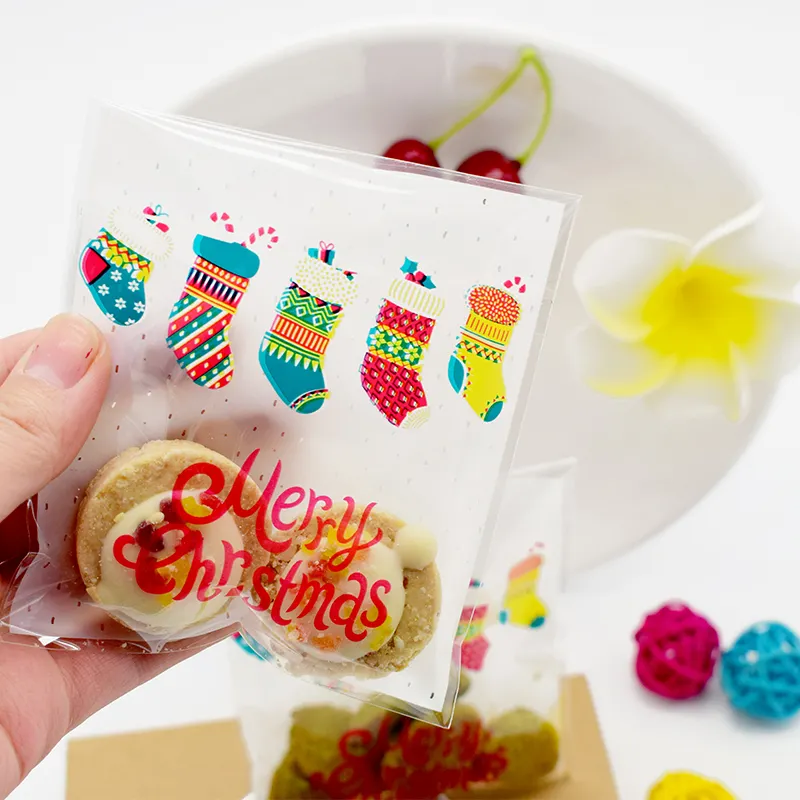 Customized Colorful Christmas Plastic Cookies Packaging Bags Xmas Self Adhesive Gift Bag Candy Biscuit Pouch Party Decor