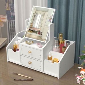 Boîte de rangement cosmétique multifonctionnelle de luxe, blanche, rectangulaire, anti-poussière, style nordique, avec oreilles de chat et miroir - Product Image 2