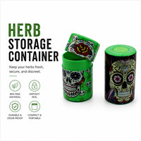 Pot en plastique cylindrique avec motif de crâne en sucre et couvercle hermétique pour le stockage d'herbes sèches, avec un motif floral vibrant