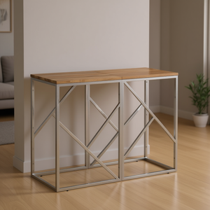 Table console en acier inoxydable argenté et bois d'acacia massif, taille standard - Product Image 2