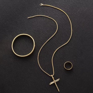Wholesale Retro Cross Necklace <b>Bangle</b> Ring Set Gold Plated Religion Cross Jewelry Set for <b>Men</b> Fashion - Product Image 2