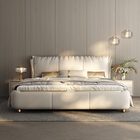 Lit double en cuir avec cadre en bois massif pour chambre principale, 2x2 mètres, design moderne minimaliste de luxe léger, avec rangement intégré