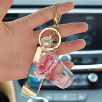 Gantungan Kunci Cangkir Akrilik Kreatif, Gantungan Kunci Keyring Cair Bunga Kering Bubuk Emas Pasir Isap