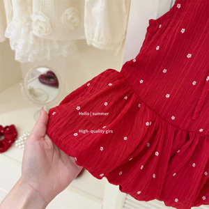 Tongxingyuan Baby Girls Summer Floral Vest Dress Red With Hair Tie A-Line Cotton Dress For Children - Product Image 4