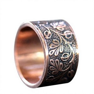 Copper Hand Forged Vintage Wide Engraved Botanical Leaf Textured <b>Magnetic</b> <b>Ring</b> Solid Flat Edge Finger <b>Ring</b> - Product Image 1
