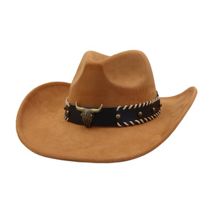 Chapeaux de cowboy occidentaux SU32, chapeaux de cowboy à large bord, chapeaux de cowboy unisexes en daim avec décoration de bande de tête de taureau pour l'extérieur - Product Image 6