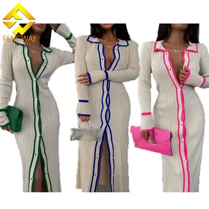 2023 Fall Fashion Patchwork Button Cardigan Dress Long Sleeve Casual Dress Women Turndown Collar Long Dress