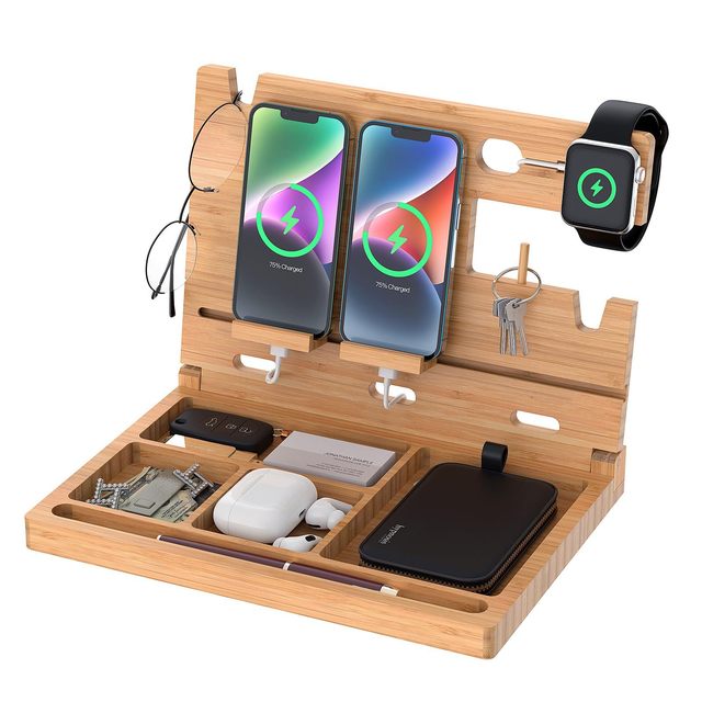 Bamboo Desk Organizer with Multifunctional Storage Phone Docking Station Desktop Mobile Phone Stand Holder