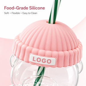 Purple <b>Bear</b> Glass Water <b>Bottle</b> with Ribbed Silicone Lid Grape Straw Topper and Logo Customization - Product Image 2