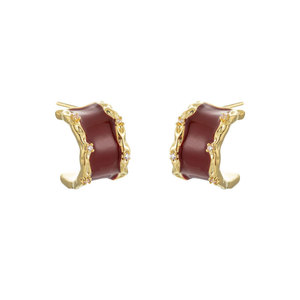 Burgundy C-shaped Stud Earrings 14k Gold Ear Post Party Fashion Jewelry Geometric Design Claw Setting Half Circle Earrings - Product Image 5