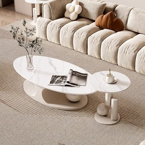 Bàn cà phê hình bầu dục màu trắng tinh khiết kiểu Pháp, sang trọng nhẹ nhàng, mặt đá, bàn cạnh nhỏ gọn cho căn hộ nhỏ - Product Image 2
