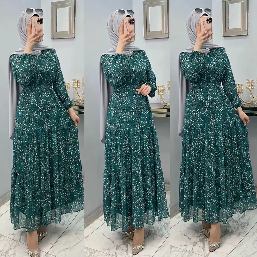 OEM नई शिफॉन कपड़े ग्रीन मोरक्को प्रिंट पुष्प लांग मामूली मुस्लिम पोशाक महिलाओं इस्लामी कपड़े