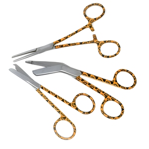 Juego de 3 Piezas de Instrumentos Médicos con Estampado de Leopardo: Pinza Kocher, Tijeras Lister para Vendajes. Proveedor Mayorista de Primera Calidad - Product Image 1