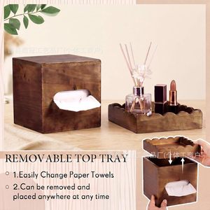 Caja de pañuelos de madera con bandeja organizadora para maquillaje y uso en el escritorio, diseño cuadrado de madera maciza - Product Image 2