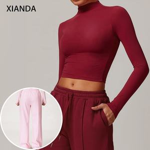 XIANDA Setelan Olahraga Wanita Kasual Atletik Yoga Fitness Kompresi Lengan Panjang Crop Celana Panjang Longgar Gym Sport 2 Potong Pakaian Olahraga - Product Image 2