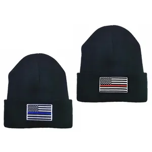 Popular Thin Blue Line American Flag Embroidered Winter Knit Cap Beanie Hat Custom Logo