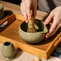 Juego de Tazas de Matcha de Cerámica Esmaltada Verde, Batidor de Bambú, Tamiz, Herramientas Tradicionales Japonesas para Té, Juego de Tazas y Jarras para Matcha