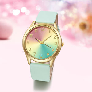 WJ-11439 Date Made in China Usine Directe <span class=keywords><strong>Pas</strong></span> <span class=keywords><strong>Cher</strong></span> Dames Montre Bracelet En Cuir Arc-En-Ciel Cadran Casual Femmes Montre En Gros Montres - Product Image 5