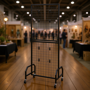 Expositor de rejilla de acero al carbono negro de 1.9 x 5.4 pies, soporte móvil para arte con 30 ganchos para decoración de ferias de artesanía - Product Image 2