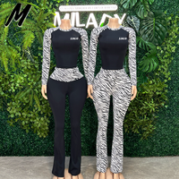 Ensemble de vêtements de sport pour femmes Milady, imprimé léopard, 2 pièces, t-shirt à manches longues, pantalon évasé taille haute, tenue de fitness, broderie personnalisée