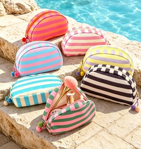 Gestreepte canvas make-uptas Pom Pom Ball Tassel Decor Rits Cosmetisch zakje Draagbare reistoilettas Organisator Meerkleurige tas - Product Image 1