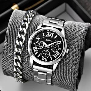 Wholesale Fashion 2PCS <strong>Geneva</strong> <strong>Watch</strong> Gift <strong>Set</strong> Sports Chronograph Quartz <strong>Watch</strong> and Bracelet Gift <strong>Set</strong> for Men - Product Image 1