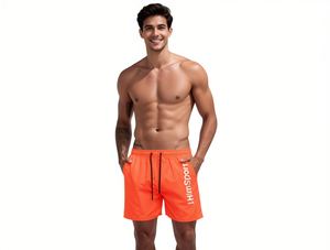 Traje de Baño Deportivo para Hombre, Color Naranja, de Secado Rápido, con Bolsillos y Cordón en la Cintura, Shorts de Baño Deportivos de Poliéster Tejido Sólido HS211 - Product Image 1