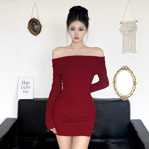 Off Shoulder Red Dress Long Sleeve Sheath Sexy Solid Color Natural Waistline Autumn Winter Christmas Party Wear - Product Image 2