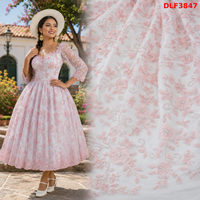 Tissu en dentelle brodée T-win Textil avec fleurs 3D, sequins roses, broderie tubulaire, tissu en dentelle brodée, tissus en guipure