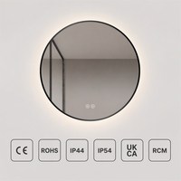 Miroir intelligent mural avec cadre rond en acier inoxydable noir, rétroéclairage LED, commande tactile, anti-buée, pour salle de bain, hôtel, coiffeuse