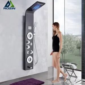LED ışıklı duş başlığı şelale yağmur siyah duş paneli duvar duşu sistemi Spa masaj jetleri sprey başlığı elduşlu
