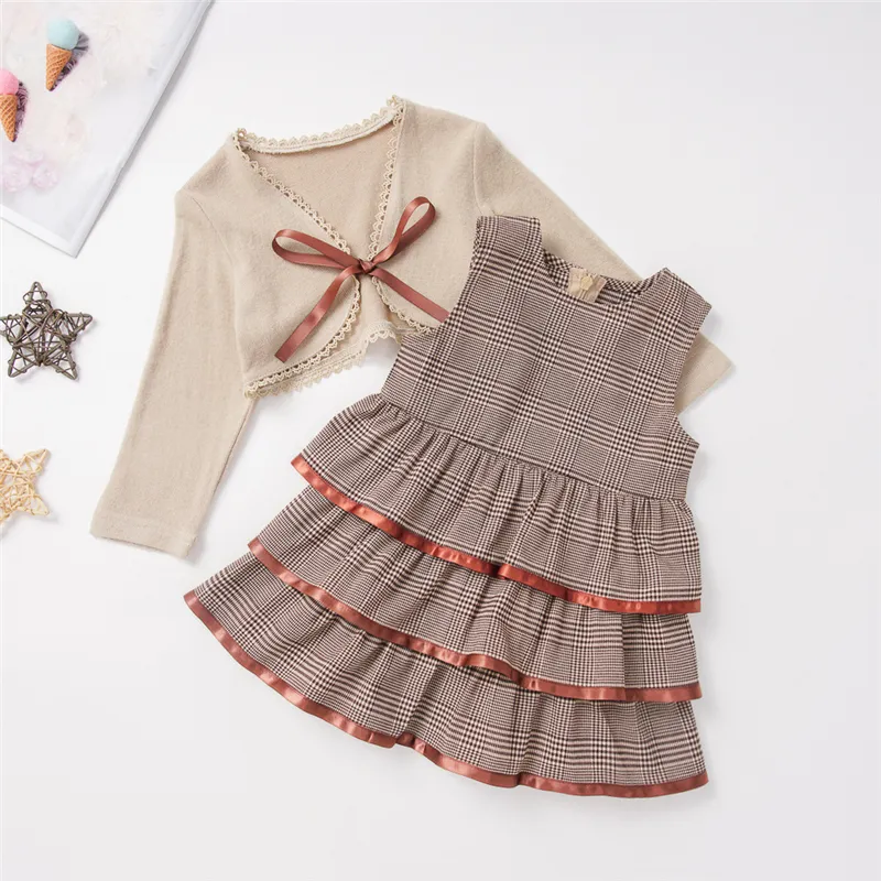 fashion style kids clothes girl dresses set soild full long sleeve sweater coat and ruffles skirtgirl clothes dress