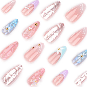 24 <span class=keywords><strong>Uñas</strong></span> Postizas de Verano, Cobertura Completa, Forma Almendrada Mediana, Color <span class=keywords><strong>Azul</strong></span> <span class=keywords><strong>Pastel</strong></span> <span class=keywords><strong>y</strong></span> <span class=keywords><strong>Rosa</strong></span>, con Diseño 3D de Colas de Sirena <span class=keywords><strong>y</strong></span> Flores, Estilo Fresco Costero, Reutilizables - Product Image 2