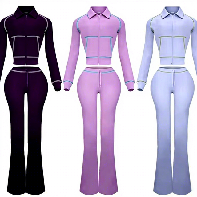 Two Piece Set Women Clothing Women's Sets Waffle Knit Jacket Pants Flare Pants Contrast Trim Zipper Matching Set for Streetwear