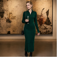 Robe pull maxi moulante côtelée à col montant et demi-zip pour femme, vert forêt, manches longues, chic automne-hiver