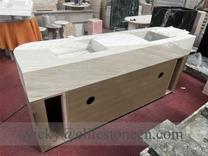 Comptoir de réception en marbre arrondi sur mesure avec double évier intégré, comptoir de hall d'hôtel commercial avec base en <span class=keywords><strong>bois</strong></span> - Product Image 5