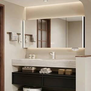 Customized large capacity storage intelligent LED mirror rock board integrated basin and antique style bathroom cabinet - Product Image 4