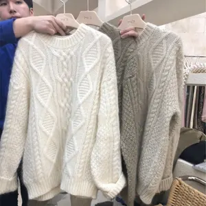 Pull épais en tricot torsadé pour femmes, automne et hiver, nouveau pull ample rétro paresseux assorti à tout, hauts en tricot, vêtements d'extérieur